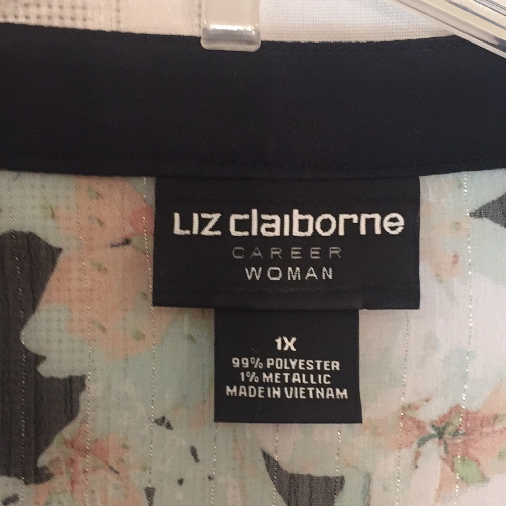 LIZ Claiborne 1X Sheer Blouse Floral PIT TO PIT 26"  corals, greens, Preworn - Picture 2 of 15